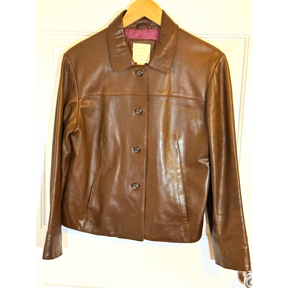 Vtg J. Jill Brown 100% Leather preppy chocolate brown Jacket size PS Classic